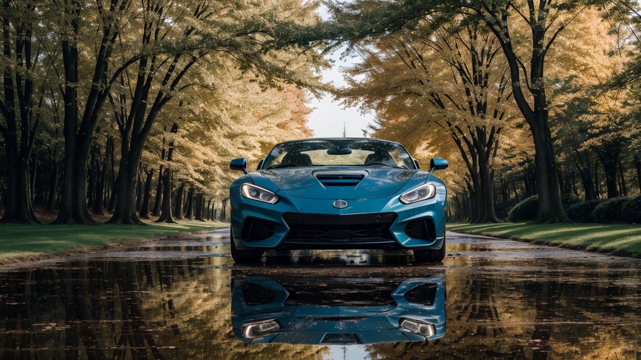 masterpiece,photo of landscape, sunny weather,(sports car,color {blue and red incandescent}), 8k,hdr, high quality, film grain,reflection masterpiece, vivid colours , weather ,puddles