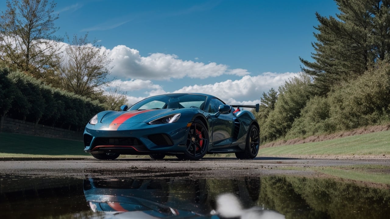 masterpiece,photo of landscape, sunny weather,(sports car,color {blue and red incandescent}), 8k,hdr, high quality, film grain,reflection masterpiece, vivid colours , weather ,puddles