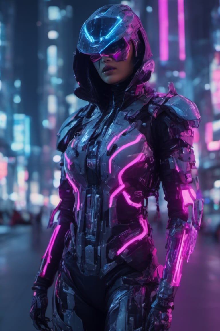 7D Cybertech, Neon futuristic glowing, assassin futuristic 2098  in cyber city with neon outfit,Movie Still,cyborg style,vaporwave style,ch3ls3a