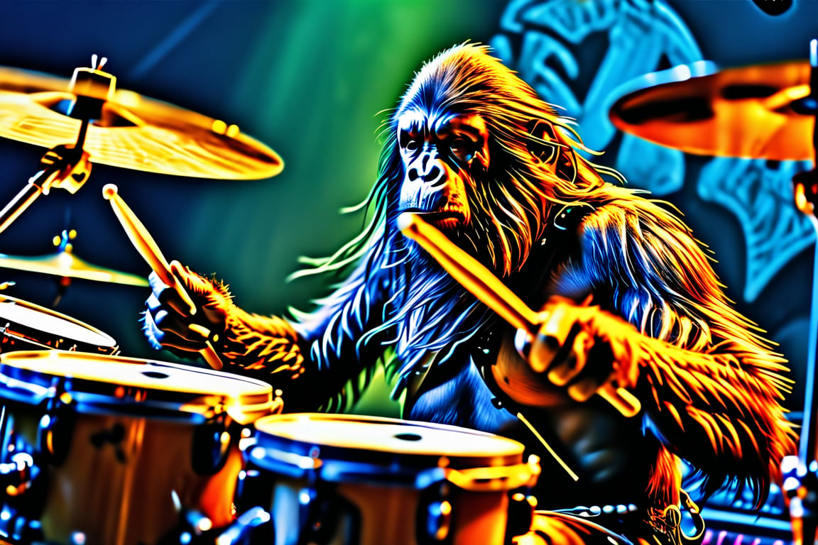 Sasquatch Playing the drums,heavymetal,(video camcorder shot),best quality