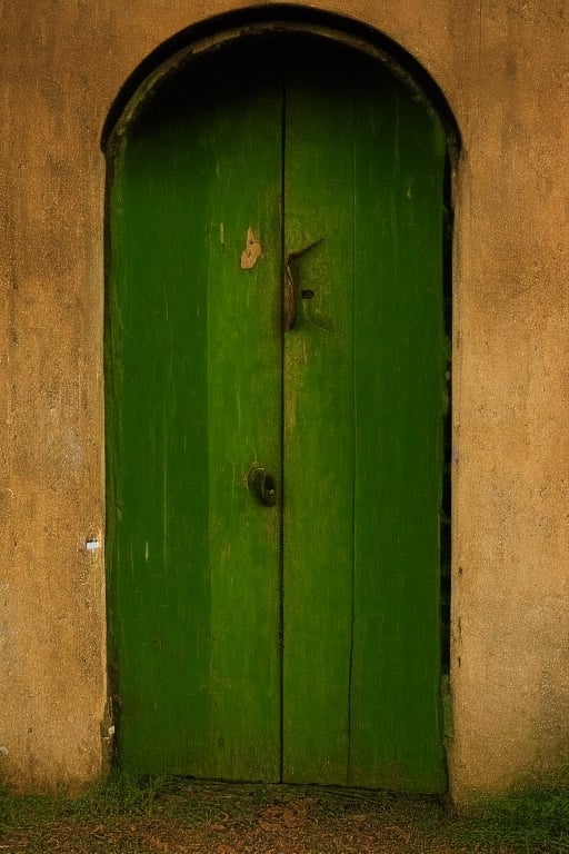 photorealistic image of a mysterious and worm-eaten classic green wooden door through which the years have passed, maintaining a worn and gloomy appearance with nothing more than the closed door and a frame of the same color as the door that surrounds it. place: in a field out of context at twelve at night without any light