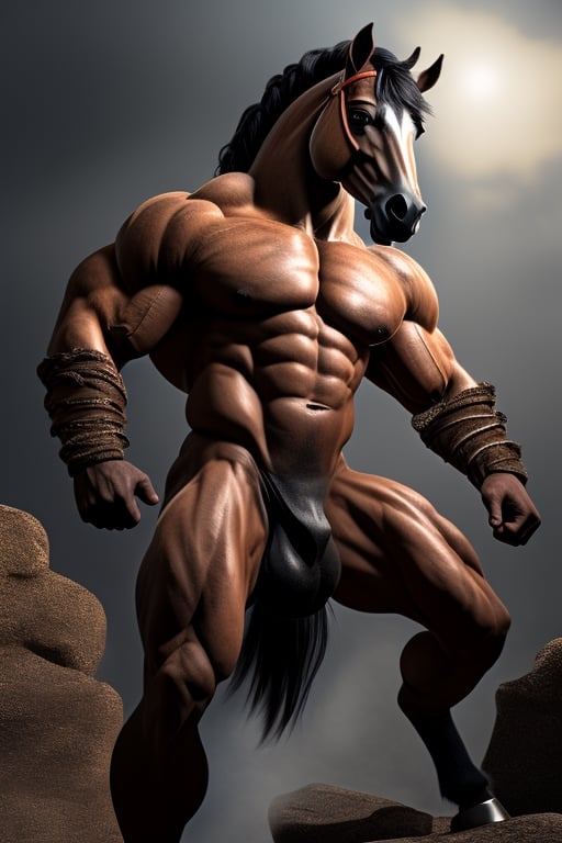 The centaur is an imposing and majestic creature, with the upper half of its body revealing an exceptionally muscular torso, whose defined pectorals and broad shoulders denote its formidable strength. His tanned skin bears the marks of countless battles, decorated with scars that tell his story of bravery. His strong, toned arms feature prominent veins and large, dexterous hands that can handle weapons with deadly precision. Its long slender neck supports a noble and expressive human head, with arched eyebrows, deep wise eyes shining with a penetrating gaze, a straight nose and thin lips. His hair, dark as night, flows in perfect curls that cascade over his shoulders and back, often braided with thin ribbons. The lower half of the centaur exhibits the powerful and elegant musculature of a thoroughbred horse. Four muscular, agile legs support his body with unparalleled grace and strength, each muscle and tendon meticulously sculpted, with sturdy hooves of a dark, robust color that reflect his robustness. The horse's skin is soft and lustrous, covered by a thick, silky coat that appears to shimmer in the sunlight. His long, lush tail adds a touch of grace to his movement, waving elegantly as he moves. The centaur, with his exceptionally detailed physical appearance, exposing his large, lifelike erect horse penis and two large testicles laden with realistic semen. His skin is adorned with intricate tattoos depicting his feats and achievements throughout his life, adding a touch of uniqueness to his already impressive physical appearance.