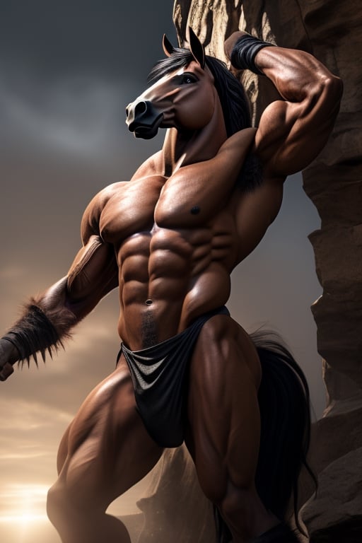 The centaur is an imposing and majestic creature, with the upper half of its body revealing an exceptionally muscular torso, whose defined pectorals and broad shoulders denote its formidable strength. His tanned skin bears the marks of countless battles, decorated with scars that tell his story of bravery. His strong, toned arms feature prominent veins and large, dexterous hands that can handle weapons with deadly precision. Its long slender neck supports a noble and expressive human head, with arched eyebrows, deep wise eyes shining with a penetrating gaze, a straight nose and thin lips. His hair, dark as night, flows in perfect curls that cascade over his shoulders and back, often braided with thin ribbons. The lower half of the centaur exhibits the powerful and elegant musculature of a thoroughbred horse. Four muscular, agile legs support his body with unparalleled grace and strength, each muscle and tendon meticulously sculpted, with sturdy hooves of a dark, robust color that reflect his robustness. The horse's skin is soft and lustrous, covered by a thick, silky coat that appears to shimmer in the sunlight. His long, lush tail adds a touch of grace to his movement, waving elegantly as he moves. The centaur, with his exceptionally detailed physical appearance, exposing his large, lifelike erect horse penis and two large testicles laden with realistic semen. His skin is adorned with intricate tattoos depicting his feats and achievements throughout his life, adding a touch of uniqueness to his already impressive physical appearance.