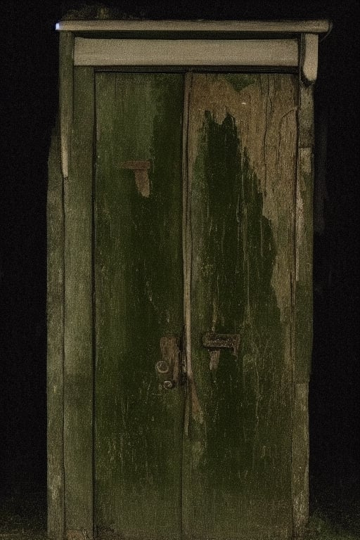 photorealistic image of a mysterious and worm-eaten classic green wooden door through which the years have passed, maintaining a worn and gloomy appearance with nothing more than the closed door and a frame of the same color as the door that surrounds it. place: in a field out of context at twelve at night without any light