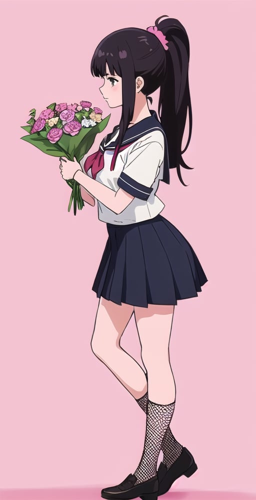 young woman, abstract pink background, clothing theme, long black hair, schoolgirl costume,nemu, flowers around, long fishnet socks, ponytail 