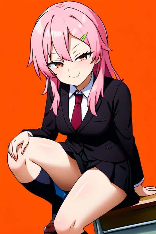 ((masterpiece, best Quality)), 1girl,  solo,  pink hair,  hairclip, black suit, tie, long sleeves, black skirt, smug, kneehighs, thick legs, classroom, Benisumomo, pleated skirt, one knee, mature body