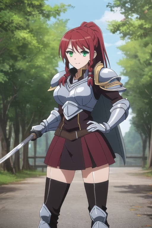 ((masterpiece, best quality)), 1girl, solo, red hair, (armor),long pony tail, pose, miniskirt, thighboots, outdoors, woods, green eyes, breasts, thighs, Big sword, sexy