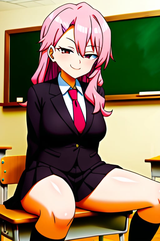 ((masterpiece, best Quality)), 1girl,  solo,  pink hair,  hairclip, black suit, tie, long sleeves, black skirt, smug, kneehighs, thick legs, classroom, Benisumomo, pleated skirt, mature body