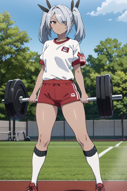 Masterpiece, best Quality, ioridef, 1girl, solo, serious, patio, ((gym uniform)), red shorts, kneehighs, white socks, black skin, short shorts, white t-shirt, thick thighs