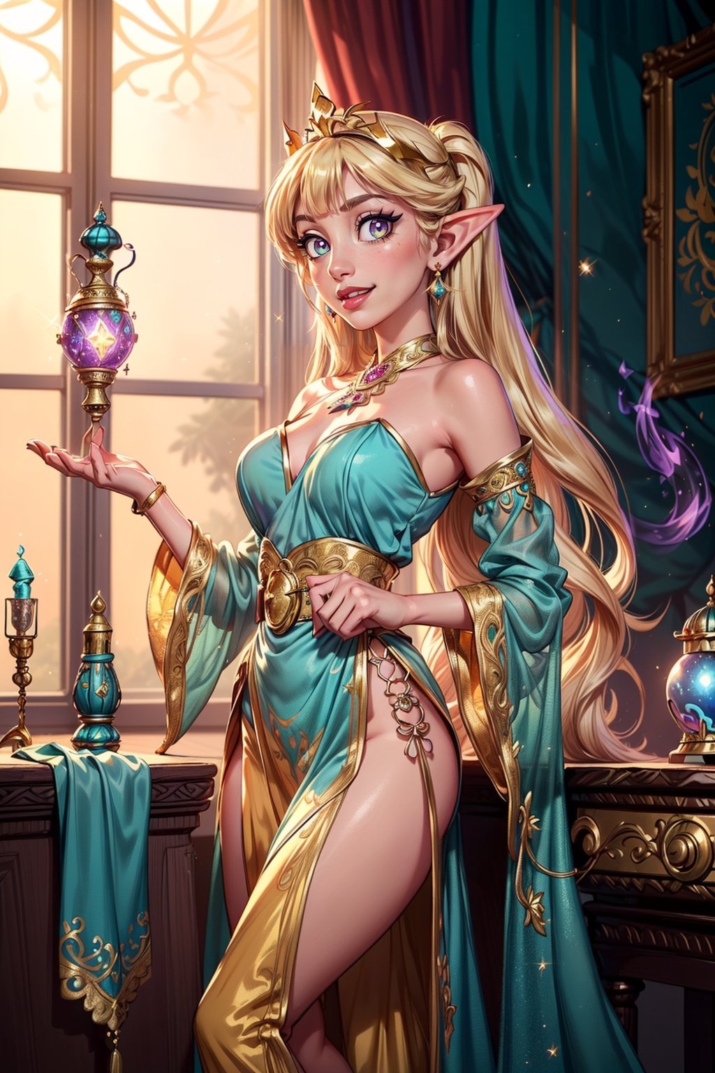 ((elf ear, pointed ear)), ((fair-skinned, blunt bangs, very long hair, blond hair)), (pink lip, lip gloss, long hair, hair bangs, jewel accessories, straight hair, heavy hair, shiny hair, ((symbol 
 shape pupils, purple pupil, yellow eye, sparkling eyes, face light), (magical orb, magic lamp, Genie's Lamp, mystical room, mist room, Urn, Stoppered bottle, Ornate lantern, purple magic aura, glitter magic around), ((white Arabian girl, flare sleeves, gold belt, star, tiara, pattern torso, aqua chiffon fabric, glitter, gem decoration, jewel, green chiffon curtain)), High detailed, shy pose, ((long length hair)), sun behind head, looking at viewer, (two sides up hair, side up, big hair), happy_face, playful, laughing, star butterfly,(Flora), Jasmine, ((Genie behind)), ((chiffon Arabian outfit)), (sunlight, sunshine, day time), sexy,( blue flame magic, mist behind, gold mist)