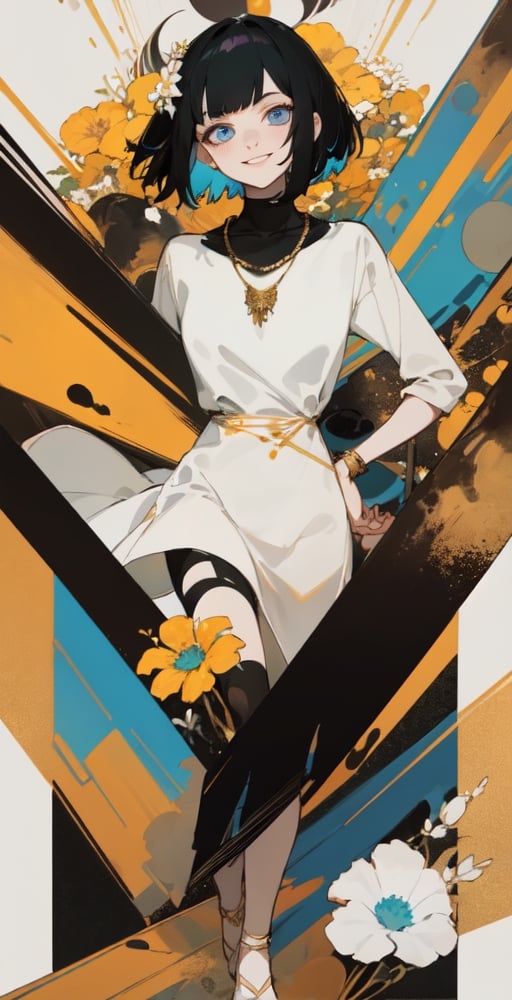 woman, white, blue eyes, (half-white-half-black-hair: 1.1), short bob hair, flower hair, white dress, fancy dress with flowers on it, (gold-necklace: 1.1), (saturated colors: 1.0), looking at viewer, smiling, abstract party, poster theme