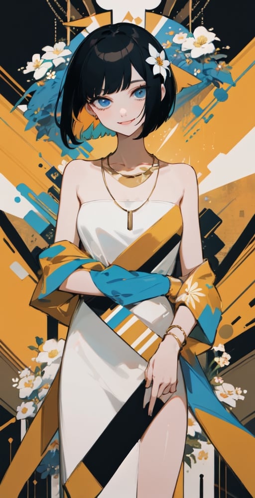 woman, white, blue eyes, white and black hair, short bob hair, flower hair, white dress, fancy dress with flowers on it, (gold-necklace: 1.1), (saturated colors: 1.0), looking at viewer, smiling, abstract party, poster theme