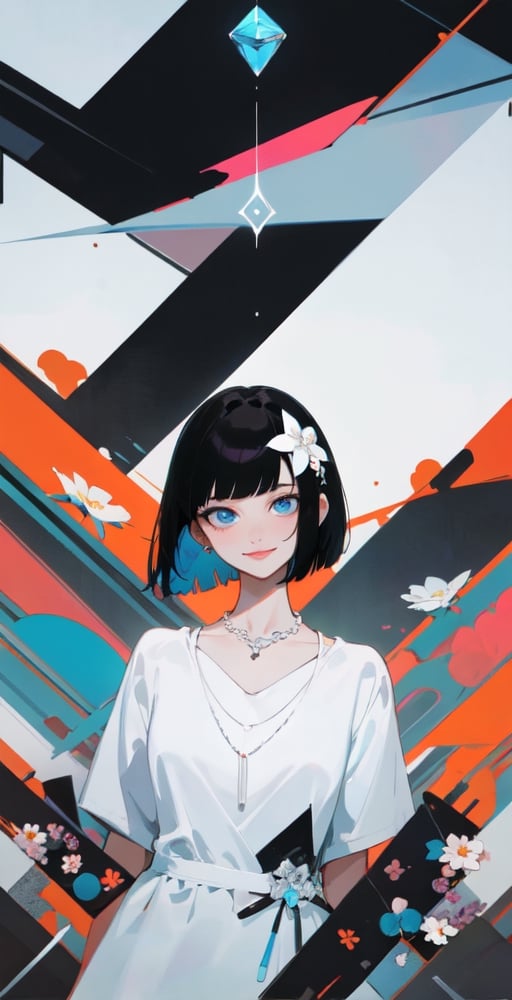 woman, white, blue eyes, (half-white-half-black-hair: 1.1), short bob hair, flower hair, white dress, fancy dress with flowers on it, (diamond-necklace: 1.1), (saturated colors: 1.0), looking at viewer, smiling, abstract party, poster theme