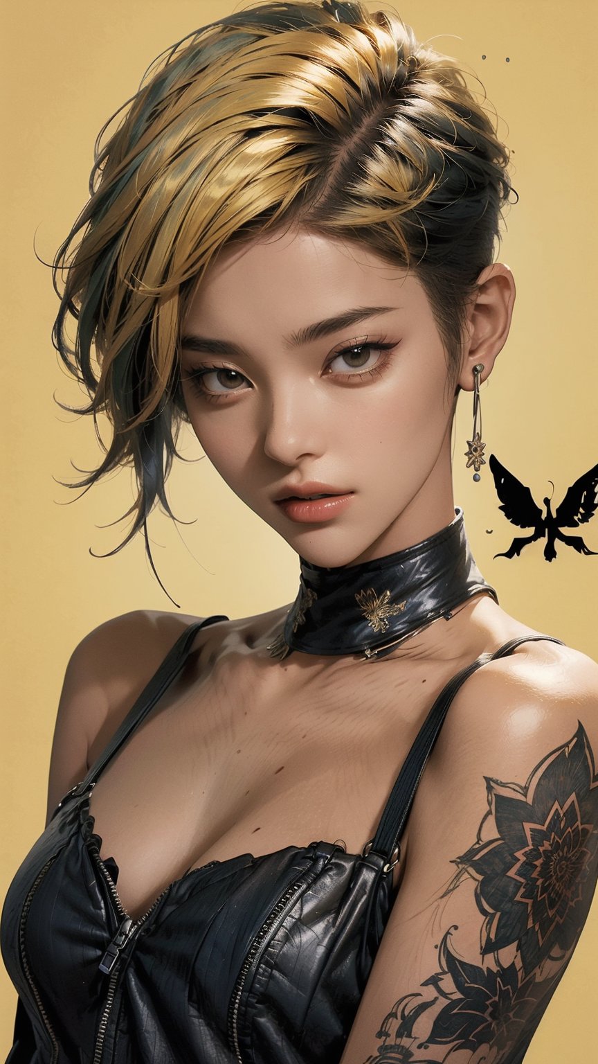 A striking magazine cover features Kizi, a stylish androgynous model with trendy clothing and a bold, yellow-toned pixie haircut. The subject is set against a columnar patchwork background with geometric pattern stitching, creating a visually appealing contrast. Kizi's face is meticulously rendered, showcasing detailed eyes, lips, and facial features. The overall composition is brilliant, drawing the viewer's attention to the confident and charismatic model.