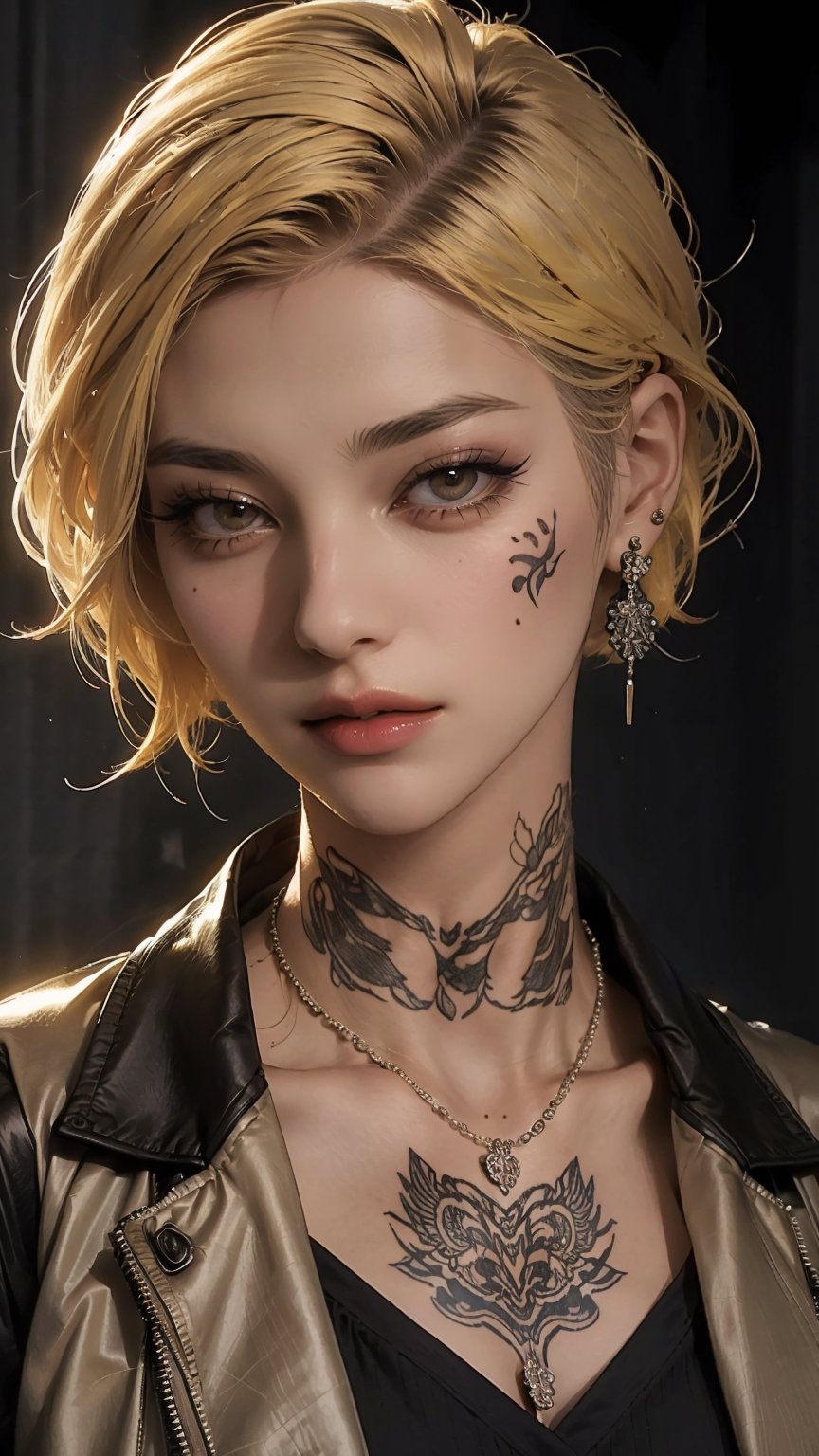 1girl, solo, looking at viewer, short hair, brown eyes, jewelry, closed mouth, collarbone, jacket, yellow hair, earrings, necklace, lips, black jacket, eyelashes, tattoo, makeup, portrait, nose, very short hair, mascara, neck tattoo