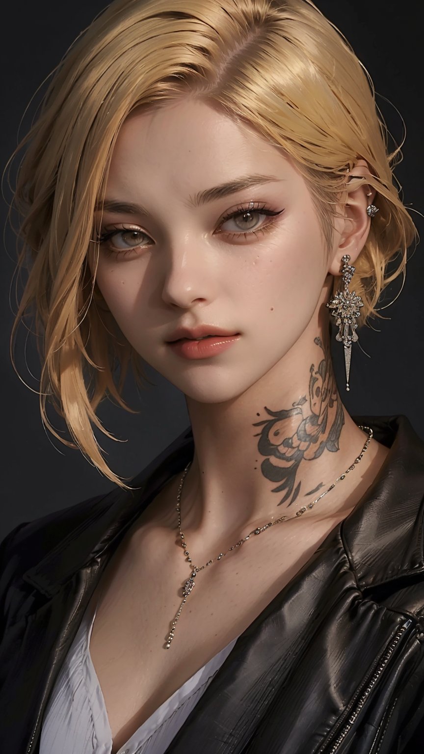 A striking portrait of a young woman with very short, bright yellow hair and piercing brown eyes. She gazes directly at the viewer, her expression enigmatic with her closed mouth and subtle smirk hinted by her lips. A black jacket adds edginess to her outfit, adorned with delicate jewelry: earrings, necklace, and a tattoo on her collarbone. Her makeup is subtle yet effective, accentuating her features with mascara defining her eyelashes. The subject's nose is slight and refined, adding to the overall sense of confidence and allure in this intimate, well-lit portrait.