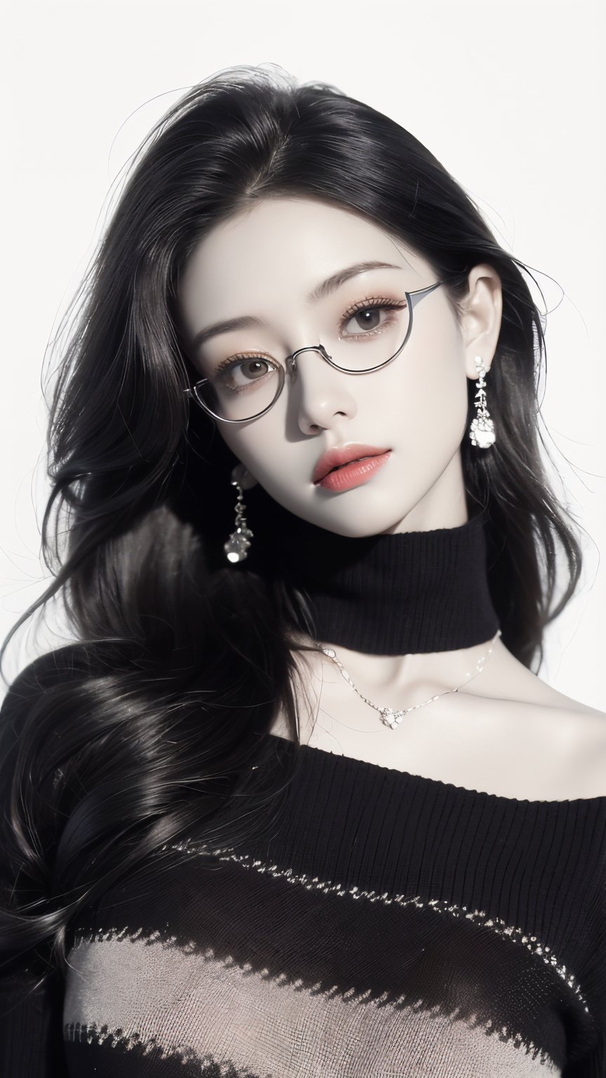 1girl, solo, black and white photo, white background, long hair, looking at viewer, black hair, black sweater, jewelry, closed mouth, black chunky knit sweater, high neck, midriff, earrings, necklace, lips, head tilt, dark sunglass, white background, (brilliant composition),upper_body,monochrome,sketch,greyscale