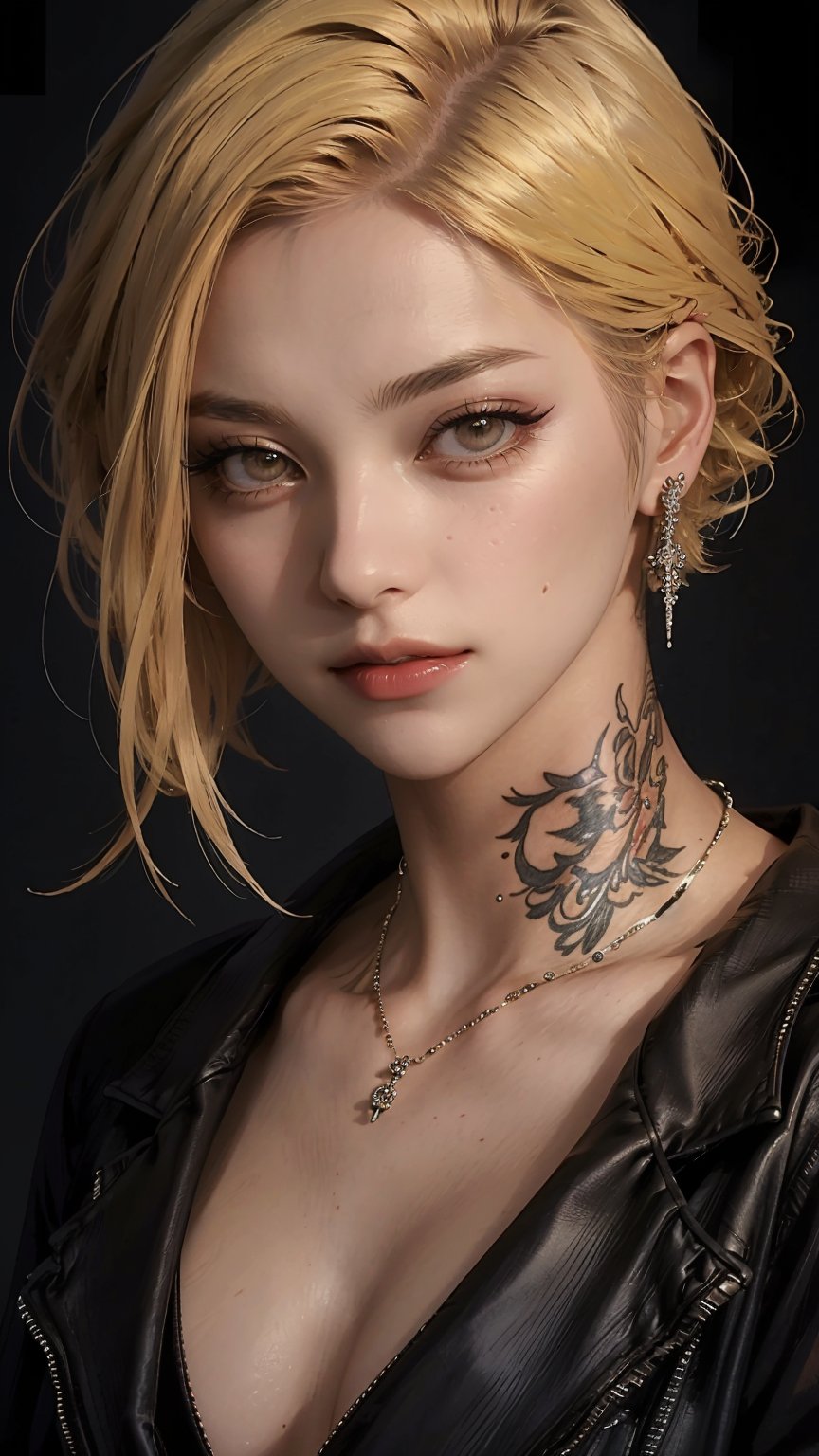 A striking portrait of a young woman with very short, bright yellow hair and piercing brown eyes. She gazes directly at the viewer, her expression enigmatic with her closed mouth and subtle smirk hinted by her lips. A black jacket adds edginess to her outfit, adorned with delicate jewelry: earrings, necklace, and a tattoo on her collarbone. Her makeup is subtle yet effective, accentuating her features with mascara defining her eyelashes. The subject's nose is slight and refined, adding to the overall sense of confidence and allure in this intimate, well-lit portrait.