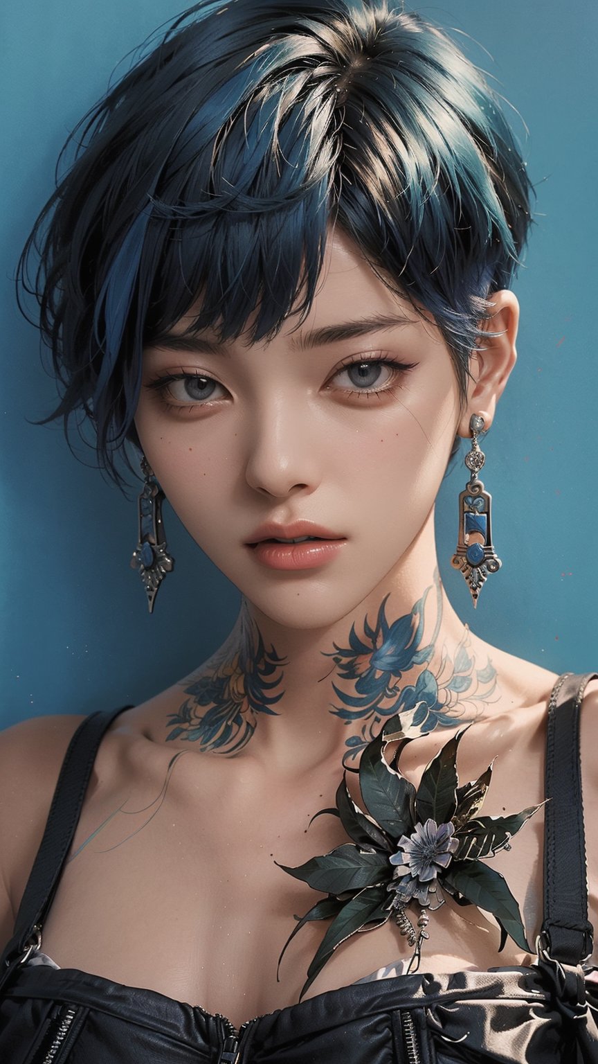 A striking magazine cover features Kizi, a stylish androgynous model with trendy clothing and a bold, blue-toned pixie haircut. The subject is set against a columnar patchwork background with geometric pattern stitching, creating a visually appealing contrast. Kizi's face is meticulously rendered, showcasing detailed eyes, lips, and facial features. The overall composition is brilliant, drawing the viewer's attention to the confident and charismatic model.