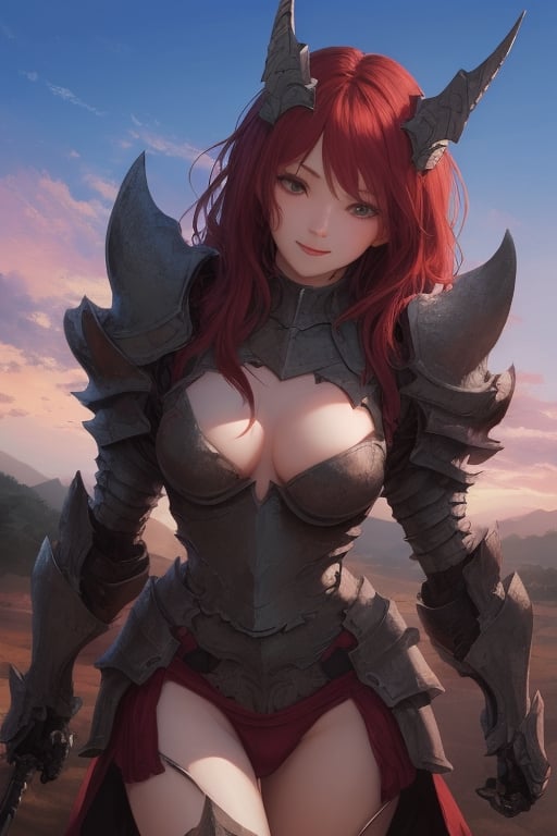 sexy, girl, long hair, beautiful sky, beautiful face, happy, red hair, armored