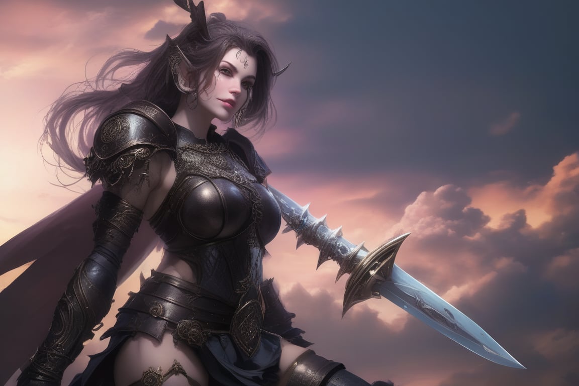 girl, armor, armored, big thighs, big_thighs, thicc thighs, medieval, sword, happy face, beautiful face, make up, piercings, elf ears, beautiful cenario, lights, daggers, beautiful sky, wind, detailed hair