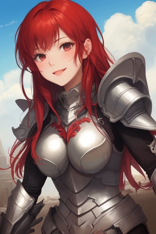 sexy, girl, long hair, beautiful sky, beautiful face, happy, red hair, armored