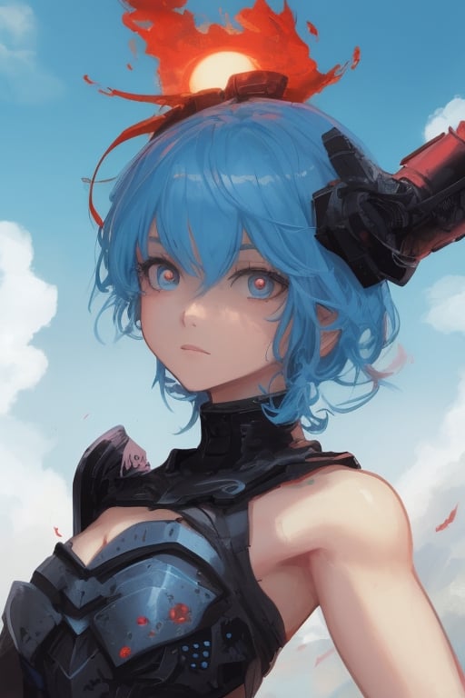 girl, blue and pink hair, shades, blue eye and red eye, armoured, beautiful sky, beautiful sun, heterocromy, red fades