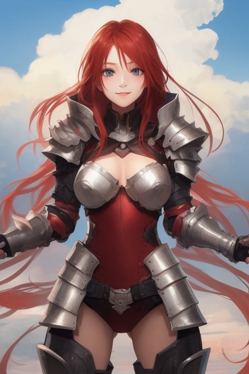 sexy, girl, long hair, beautiful sky, beautiful face, happy, red hair, armored