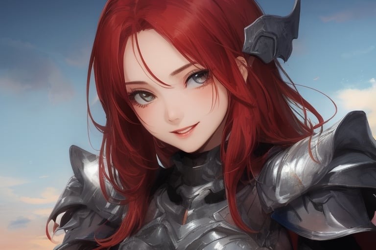 sexy, girl, long hair, beautiful sky, beautiful face, happy, red hair, armored