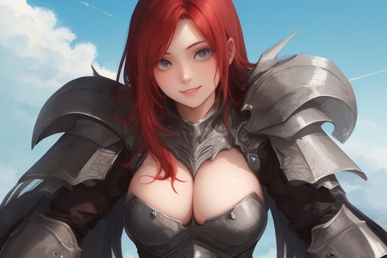 sexy, girl, long hair, beautiful sky, beautiful face, happy, red hair, armored