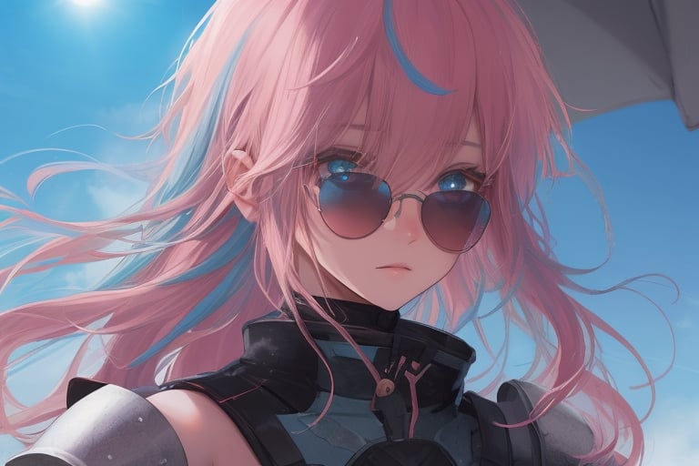 girl, blue and pink hair, shades, blue eye and red eye, armoured, beautiful sky, beautiful sun