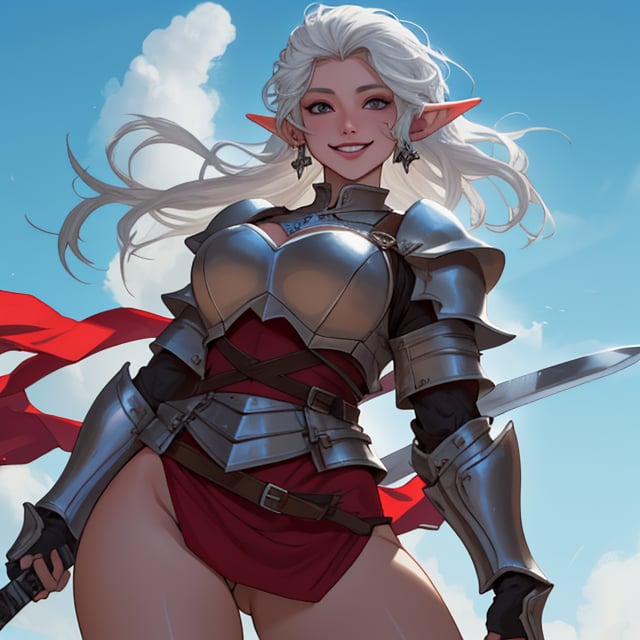 girl, armor, armored, big thighs, big_thighs, thicc thighs, medieval, sword, happy face, beautiful face, make up, piercings, elf ears, beautiful cenario, lights, daggers, beautiful sky, wind, detailed hair