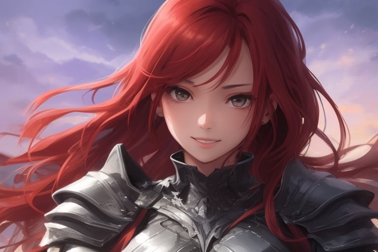 sexy, girl, long hair, beautiful sky, beautiful face, happy, red hair, armored