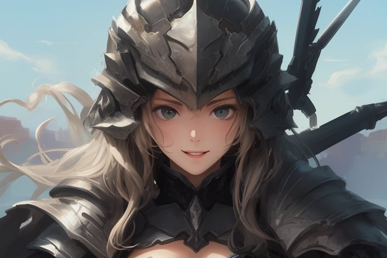 sexy, girl, long hair, beautiful sky, beautiful face, happy, armored