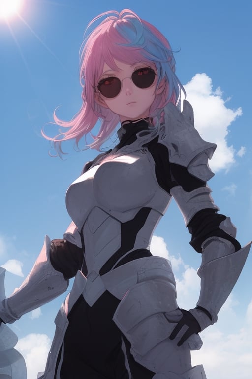 girl, blue and pink hair, shades, blue eye and red eye, armoured, beautiful sky, beautiful sun