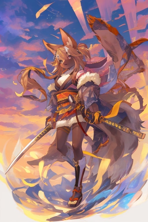 girl, furry, katana, beautiful sky