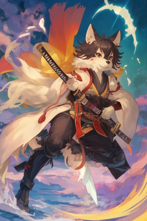 girl, furry, katana, beautiful sky