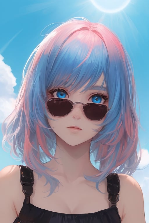 girl, blue and pink hair, shades, blue eye and red eye, armoured, beautiful sky, beautiful sun