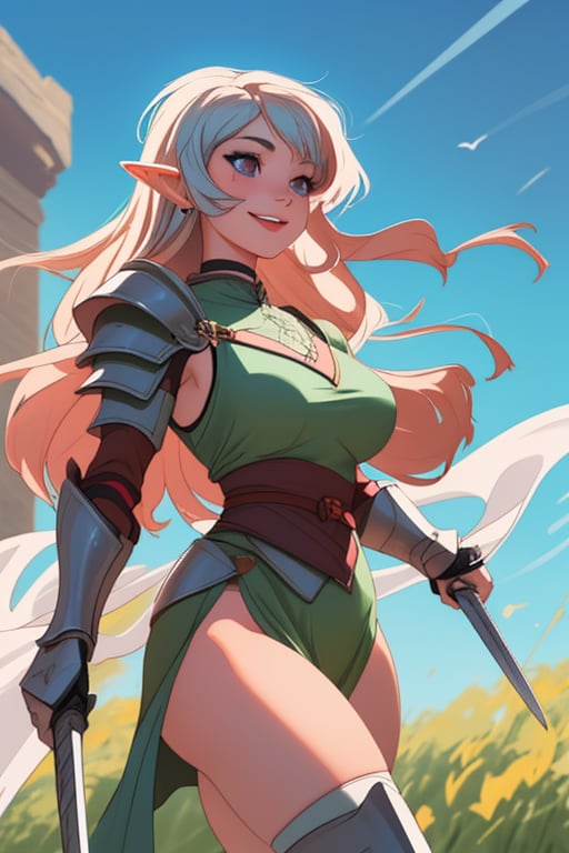 girl, armor, armored, big thighs, big_thighs, thicc thighs, medieval, sword, happy face, beautiful face, make up, piercings, elf ears, beautiful cenario, lights, daggers, beautiful sky, wind, detailed hair