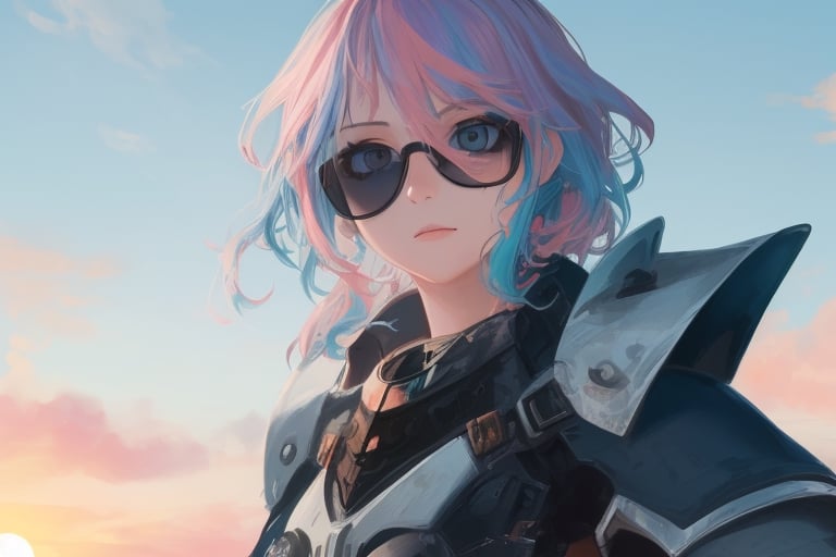 girl, blue and pink hair, shades, blue eye and red eye, armoured, beautiful sky, beautiful sun, heterocromy, red fades