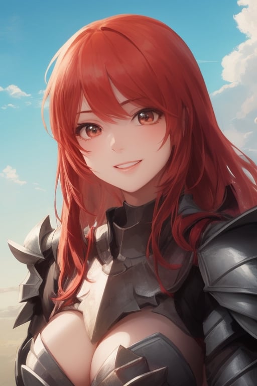 sexy, girl, long hair, beautiful sky, beautiful face, happy, red hair, armored