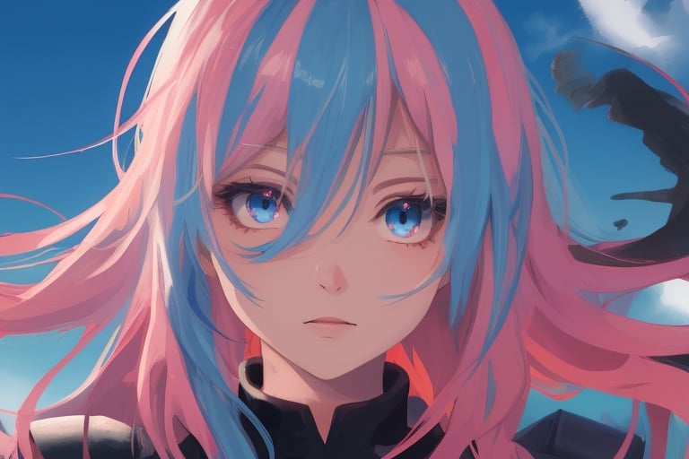 girl, blue and pink hair, shades, blue eye and red eye, armoured, beautiful sky, beautiful sun, heterocromy, red fades