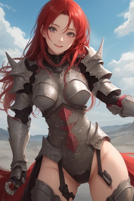 sexy, girl, long hair, beautiful sky, beautiful face, happy, red hair, armored