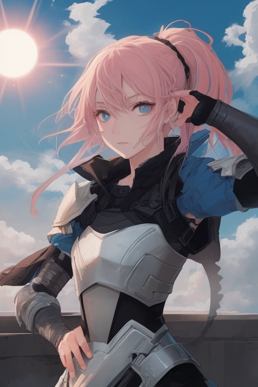 girl, blue and pink hair, shades, blue eye and red eye, armoured, beautiful sky, beautiful sun, heterocromy, red fades