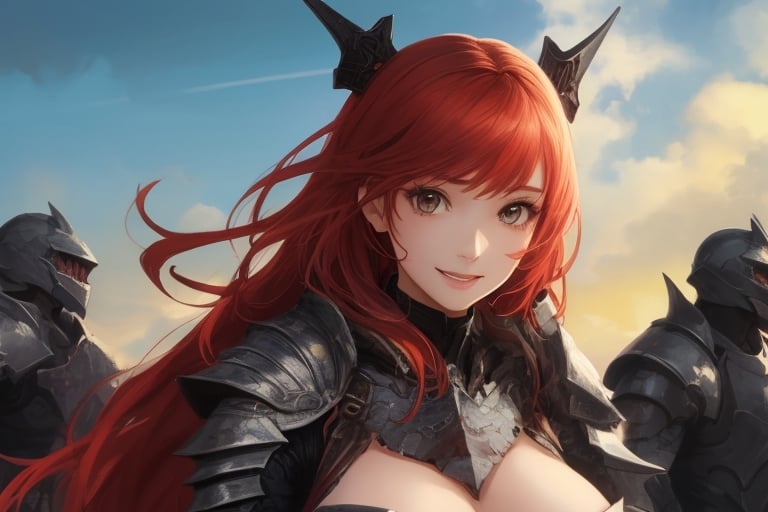 sexy, girl, long hair, beautiful sky, beautiful face, happy, red hair, armored