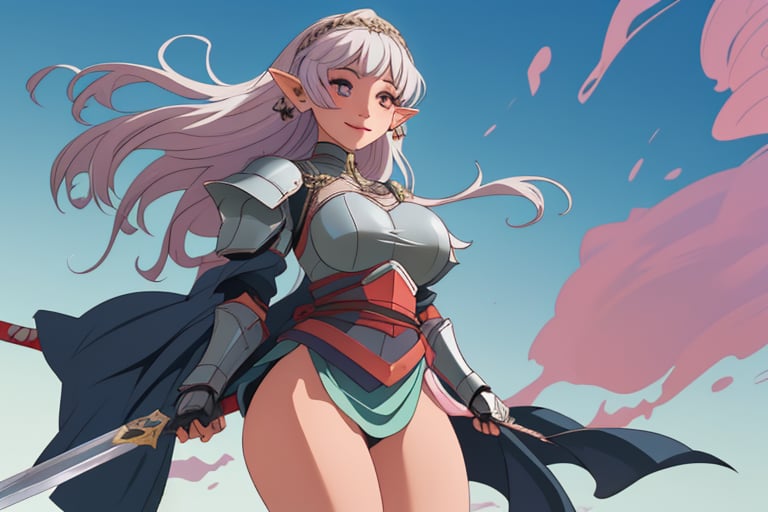 girl, armor, armored, big thighs, big_thighs, thicc thighs, medieval, sword, happy face, beautiful face, make up, piercings, elf ears, beautiful cenario, lights, daggers, beautiful sky, wind, detailed hair