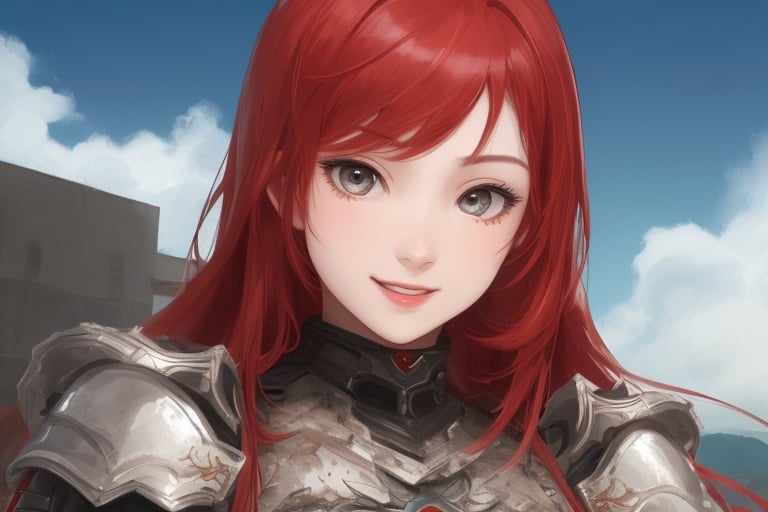 sexy, girl, long hair, beautiful sky, beautiful face, happy, red hair, armored