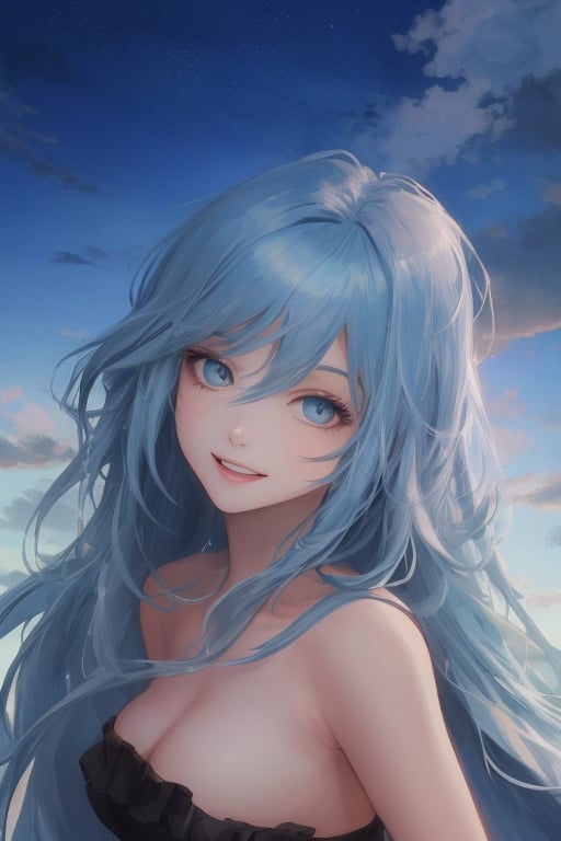 sexy, girl, long hair, beautiful sky, beautiful face, happy, blue hair