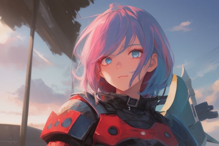 girl, blue and pink hair, shades, blue eye and red eye, armoured, beautiful sky, beautiful sun, heterocromy, red fades