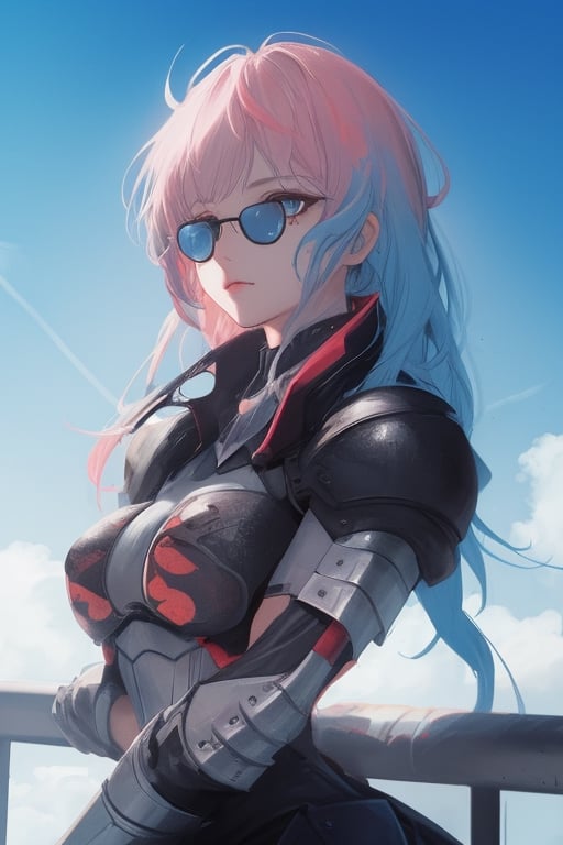 girl, blue and pink hair, shades, blue eye and red eye, armoured, beautiful sky, beautiful sun